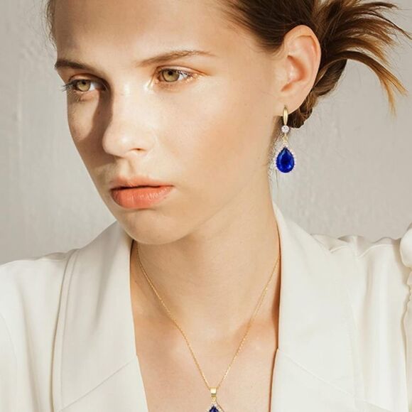 14K Yellow Gold with Blue Sapphire Cubic Zirconia Teardrop Hook Dangle Earrings - Picture 3 of 5